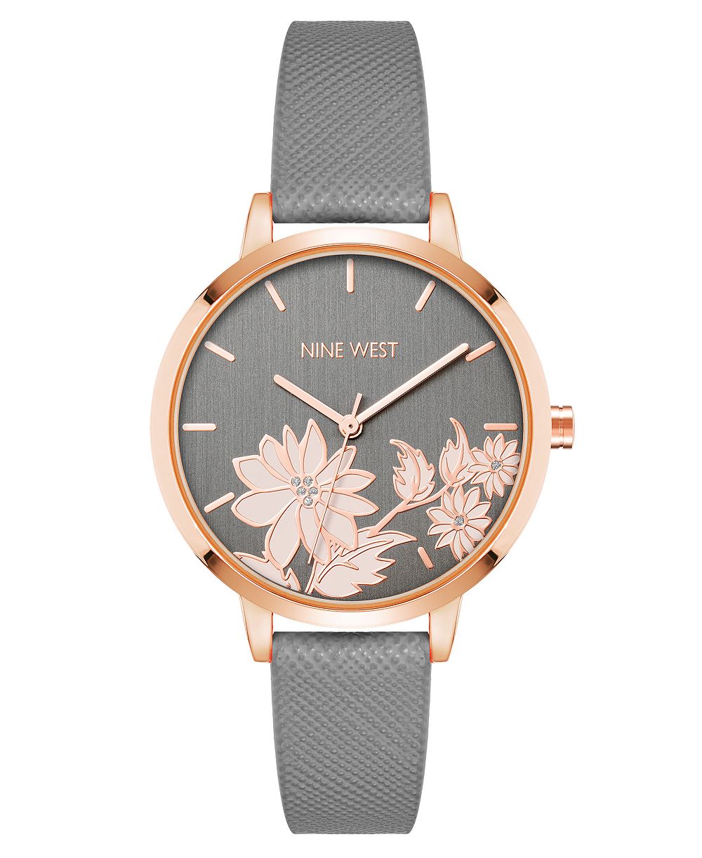Женские часы Nine West Quartz Gray Faux Leather Band Floral Pattern 36mm
