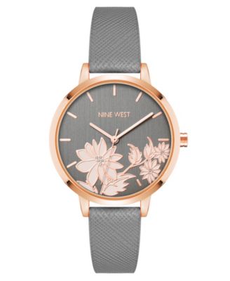 Женские часы Nine West Quartz Gray Faux Leather Band Floral Pattern 36mm