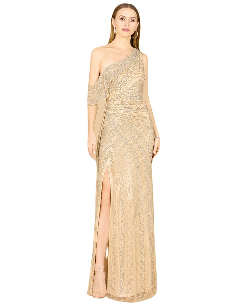 Lara Women's Beaded One Shoulder Dress with Train
