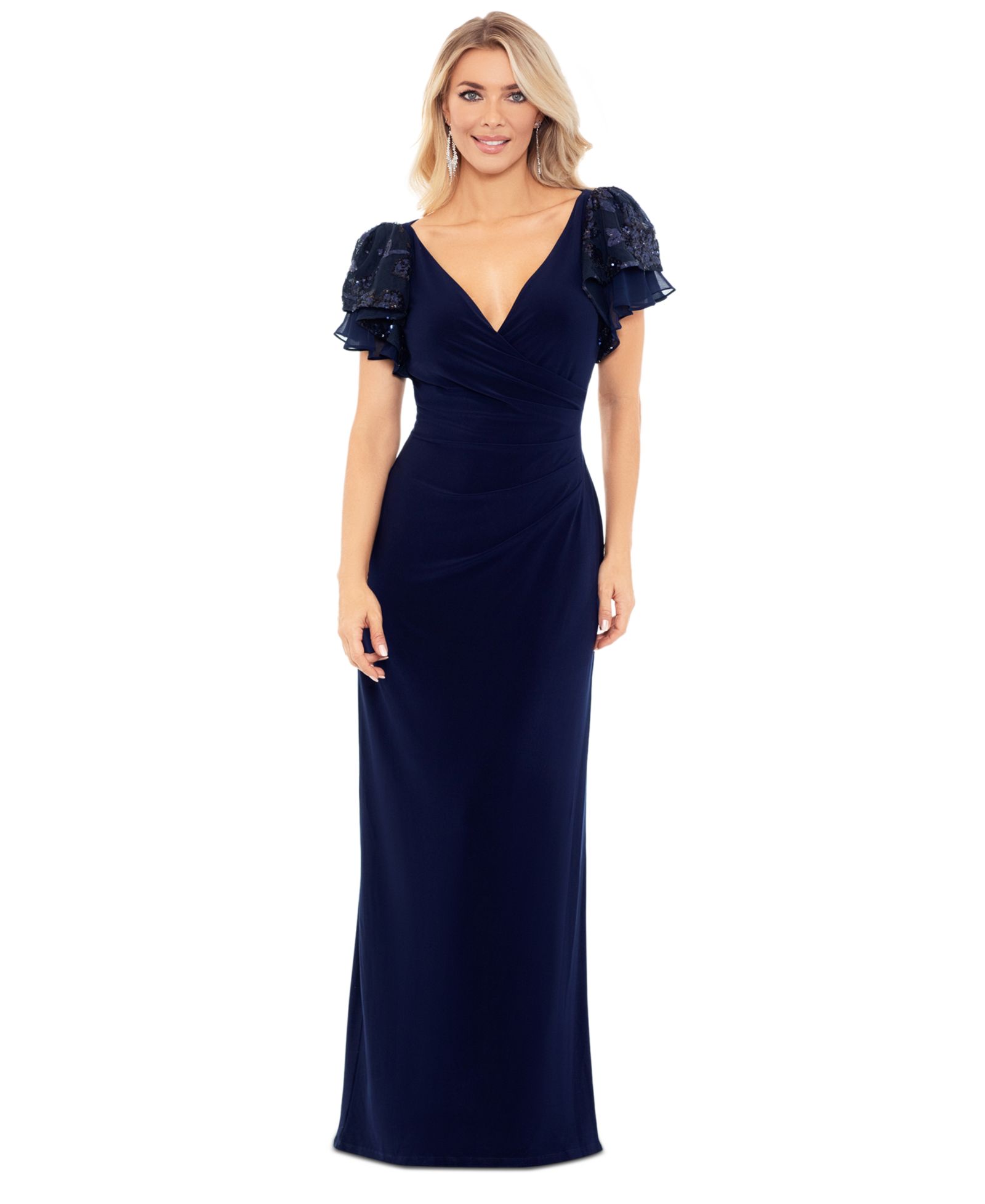Вечернее платье Betsy & Adam Petite Sequin-Sleeve Surplice-Neck