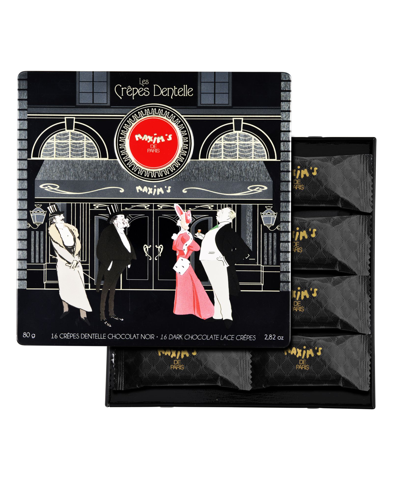 Maxim's De Paris Tin Box Dark Chocolate Crepe Lace Cookies, 16 Piece
