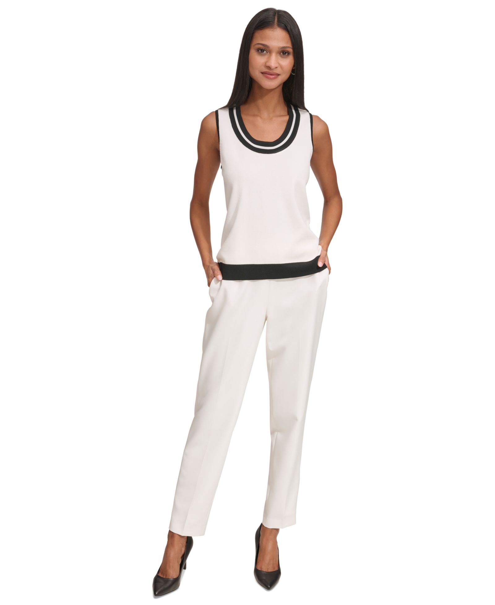 KARL LAGERFELD PARIS Women's Scoop-Neck Sleeveless Knit Top with Contrast Trim