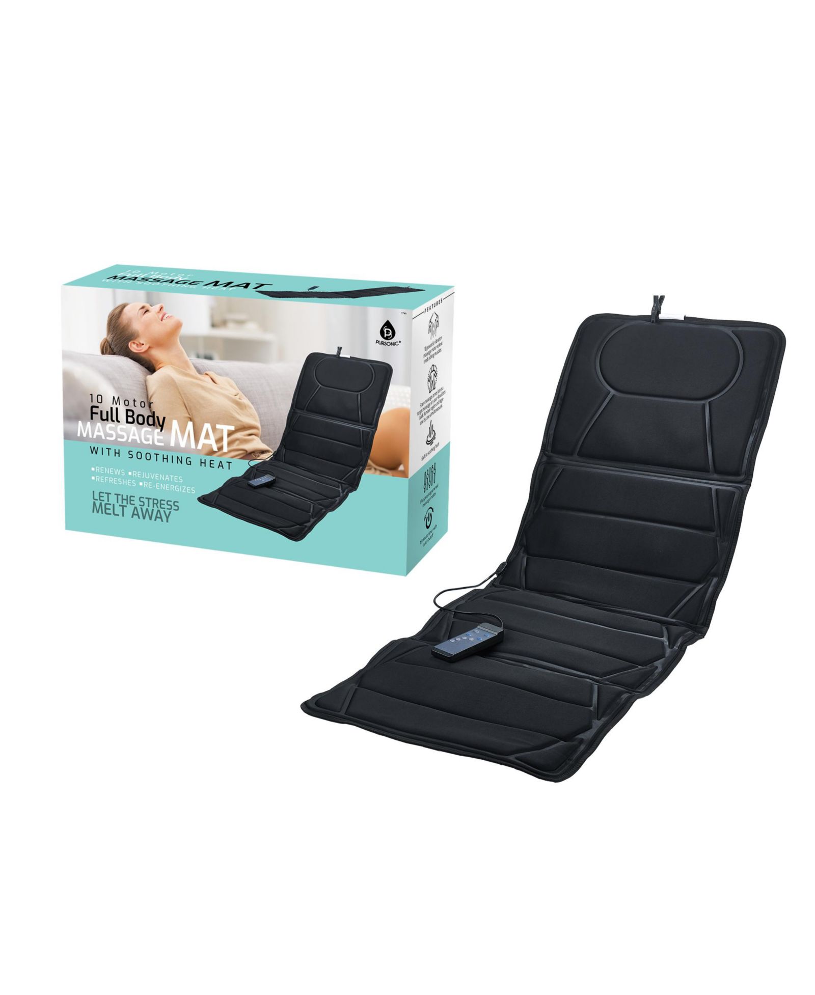PURSONIC Ultimate luxury massage mat with 10 powerful motors and soothing heat for full-body relaxation and back relief.
