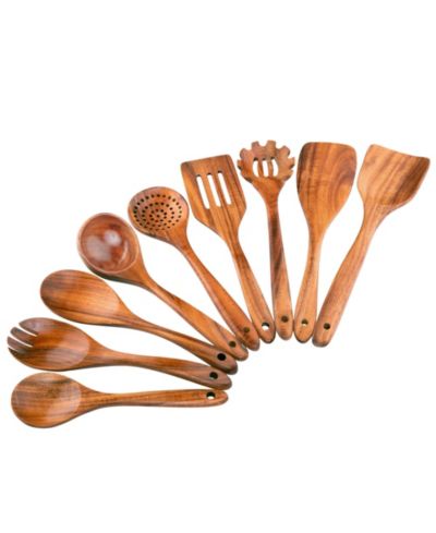 Zulay Kitchen 9-Piece Smooth Finish Natural Teak Wooden Utensils for Cooking