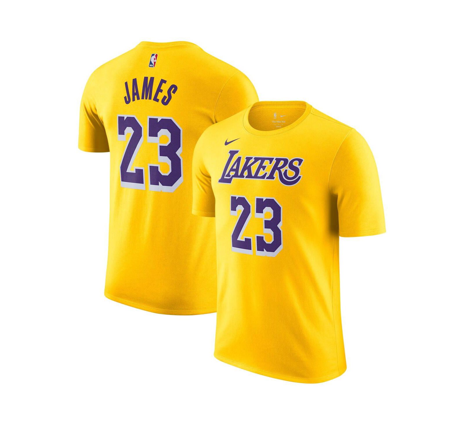 Men's Nike LeBron James Gold Los Angeles Lakers Name and Number T-shirt