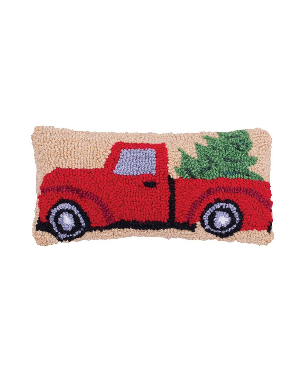 Red Pickup Truck Christmas Tree Hooked Mini Accent Pillow 6" x 12"