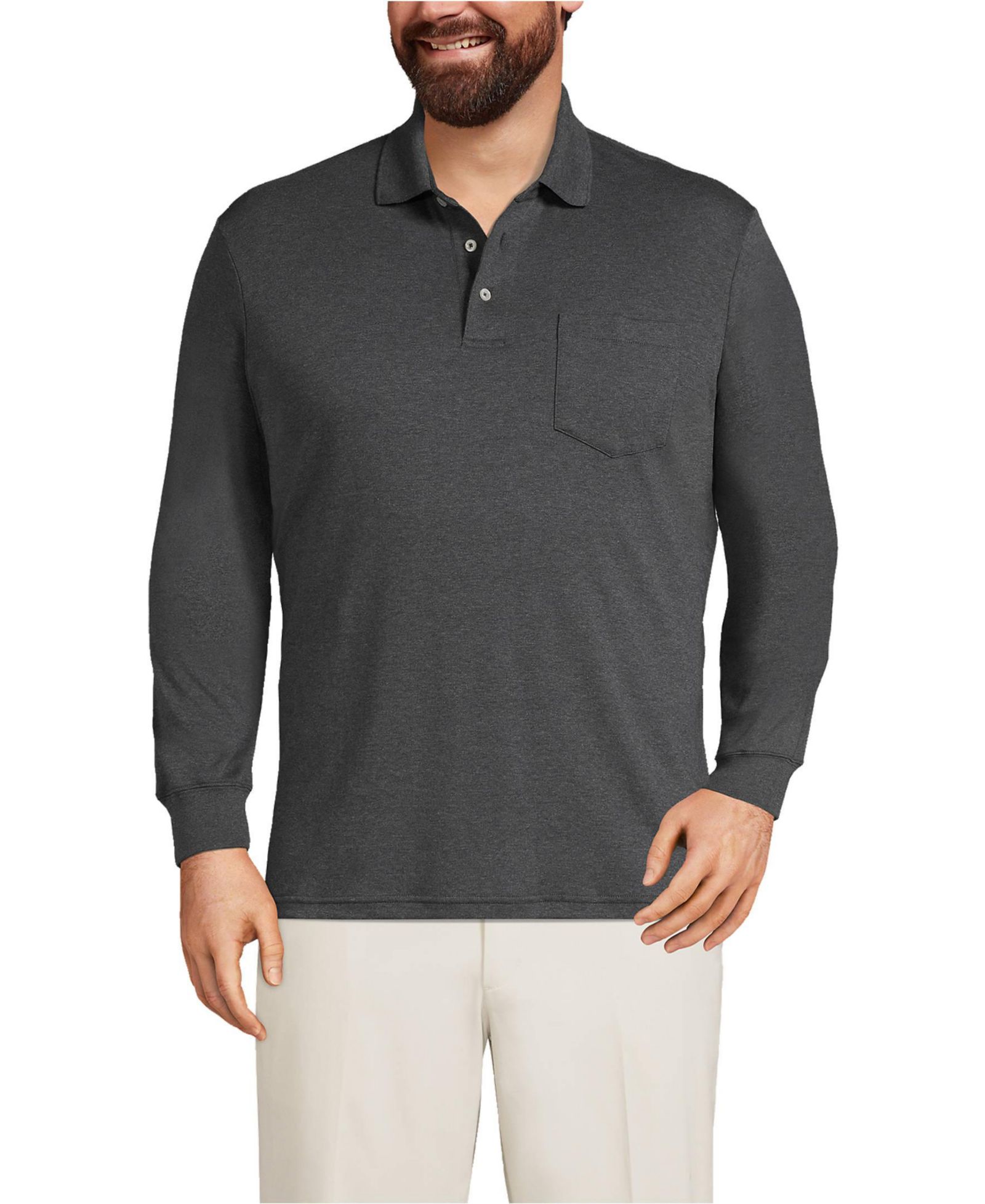 Lands' End Polo рубашка из хлопка Supima с длинным рукавом и карманом для Big & Tall