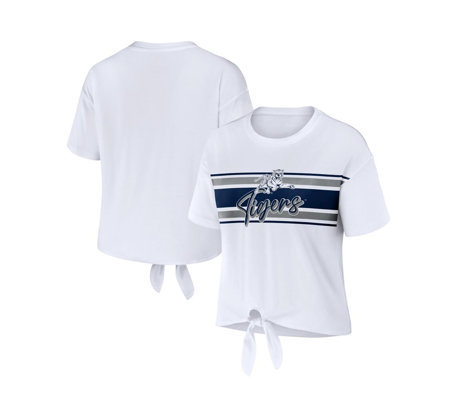 Женский WEAR by Erin Andrews White Jackson State Tigers Striped Front Knot Cropped T-shirt