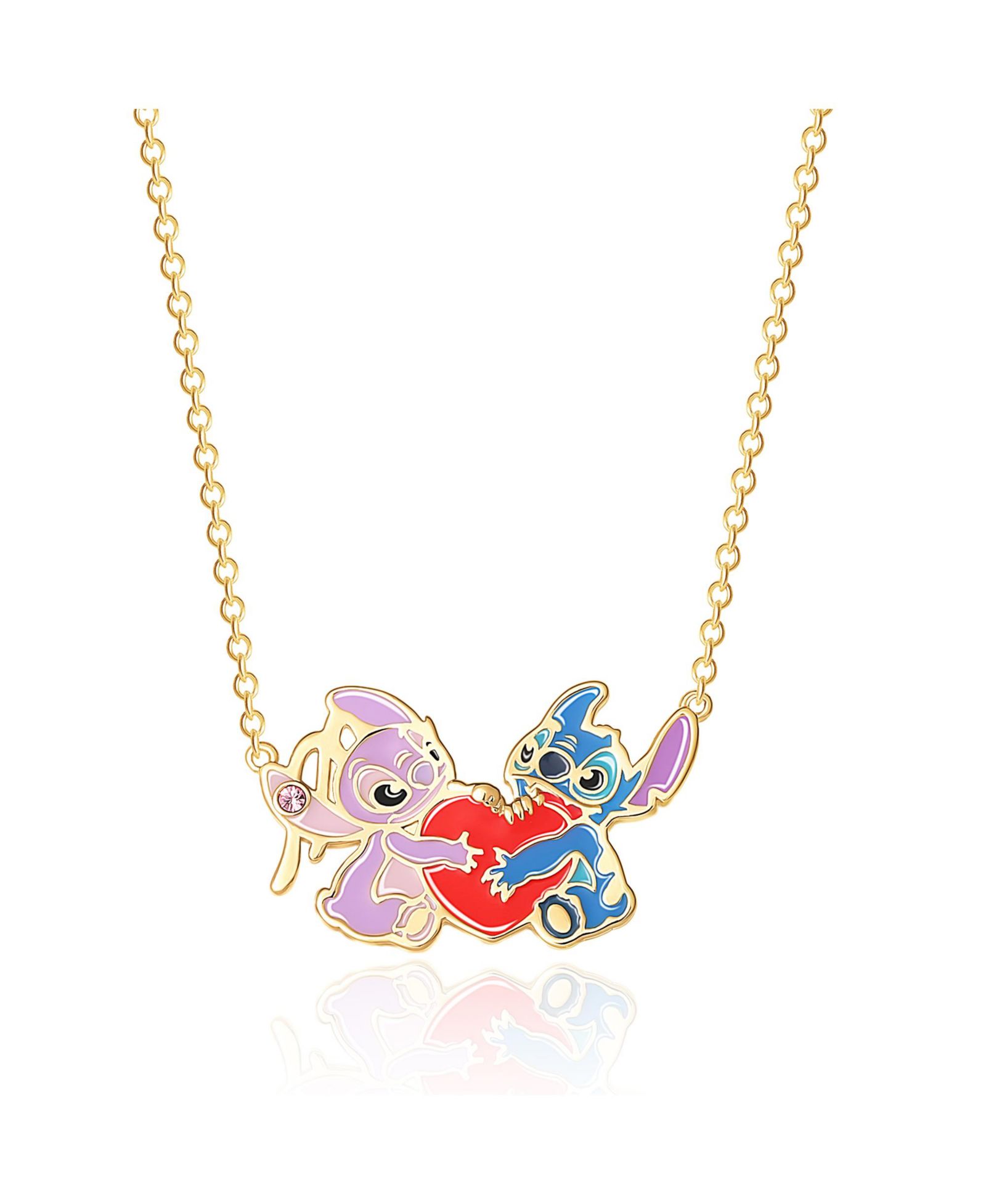 Серьга-подвеска Disney Lilo and Stitch Yellow Gold Plated Stitch and Angel Enamel Heart Necklace - 18'' Chain