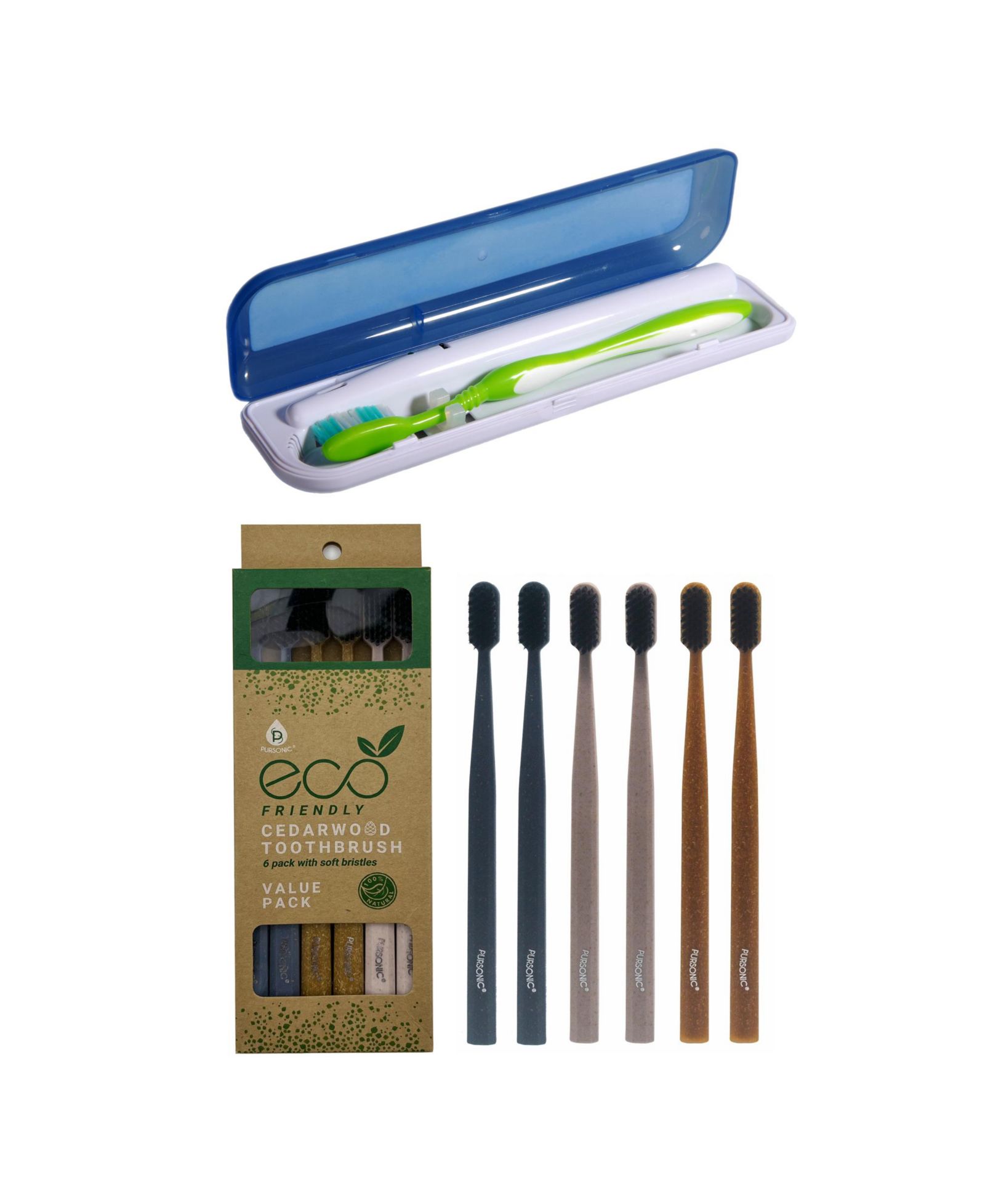 Pursonic 100% Eco-friendly Cedarwood Toothbrushes (6 Pack) & Portable UV Toothbrush Sanitizer
