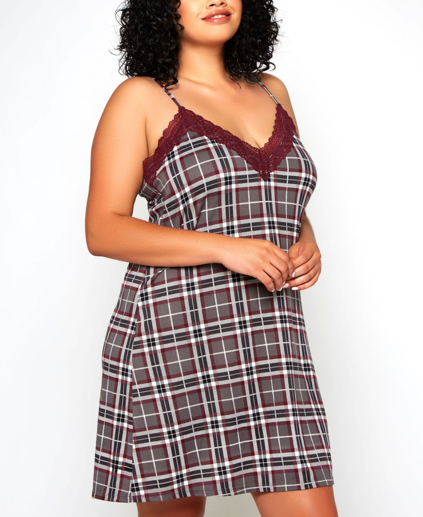 Женская ночная сорочка iCollection Plus Size из модала в клетку с элегантным кружевом