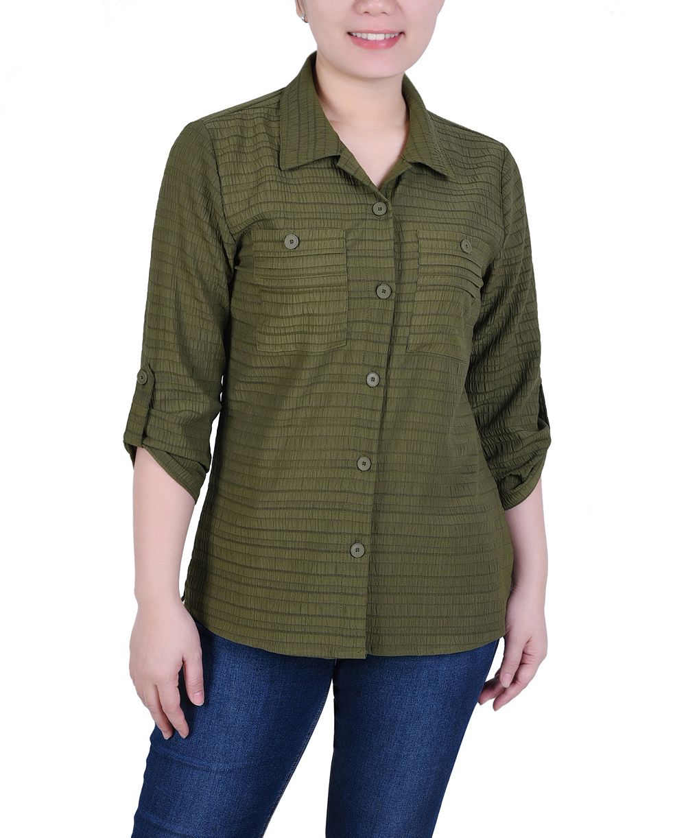 NY Collection Petite Roll Tab Sleeve Jacquard Top