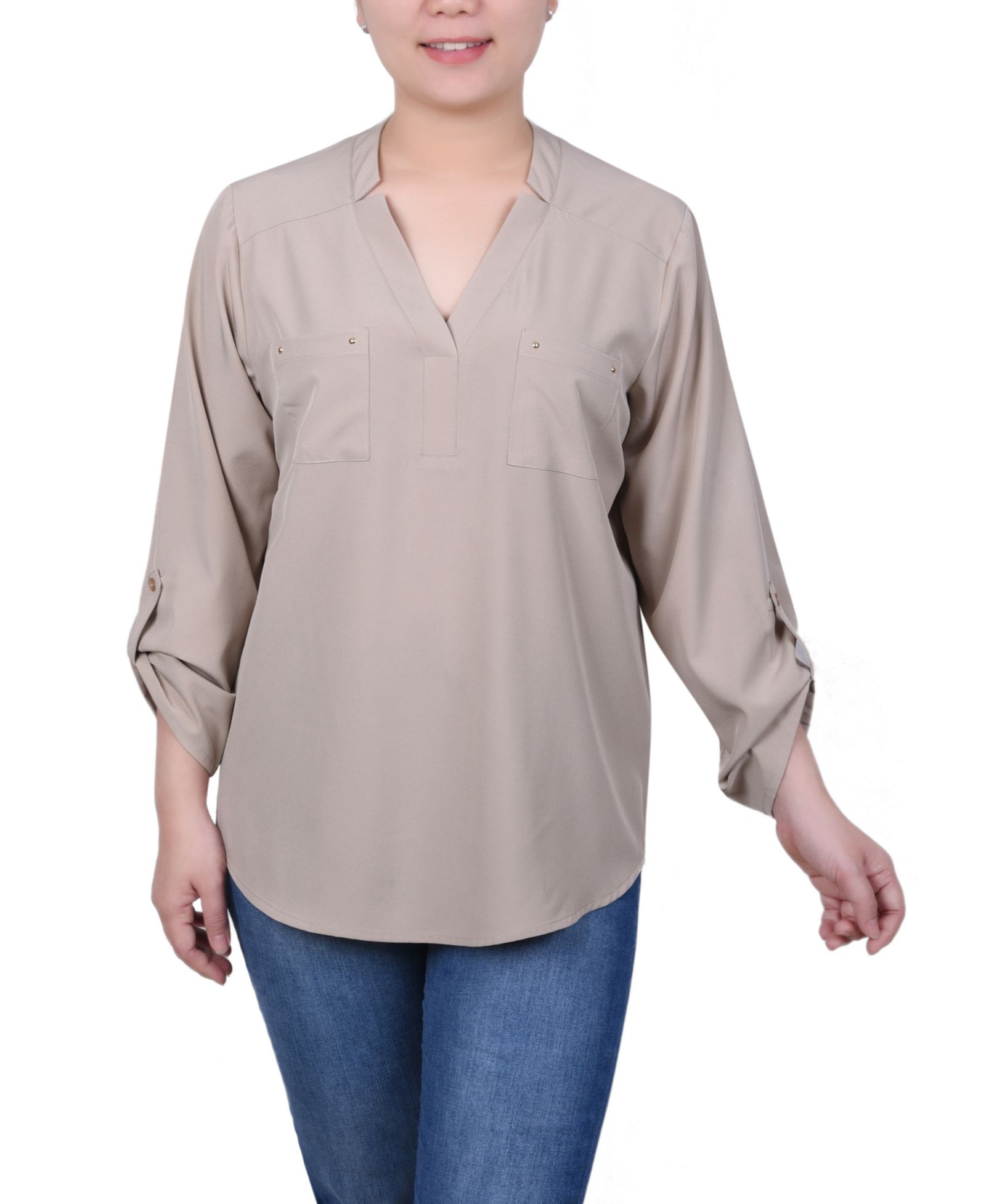 NY Collection Petite Roll Tab Sleeve Blouse with Pockets