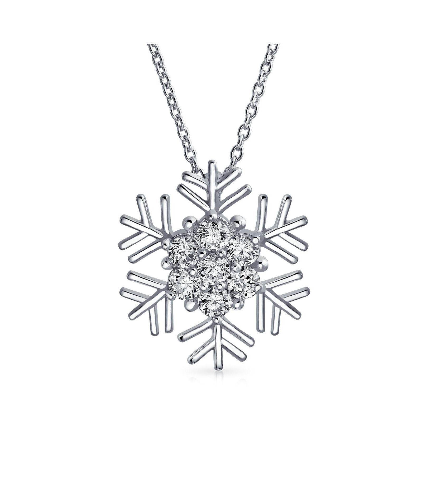 Bling Jewelry Sparkling CZ Christmas Snowflake Pendant Necklace .925 Sterling Silver