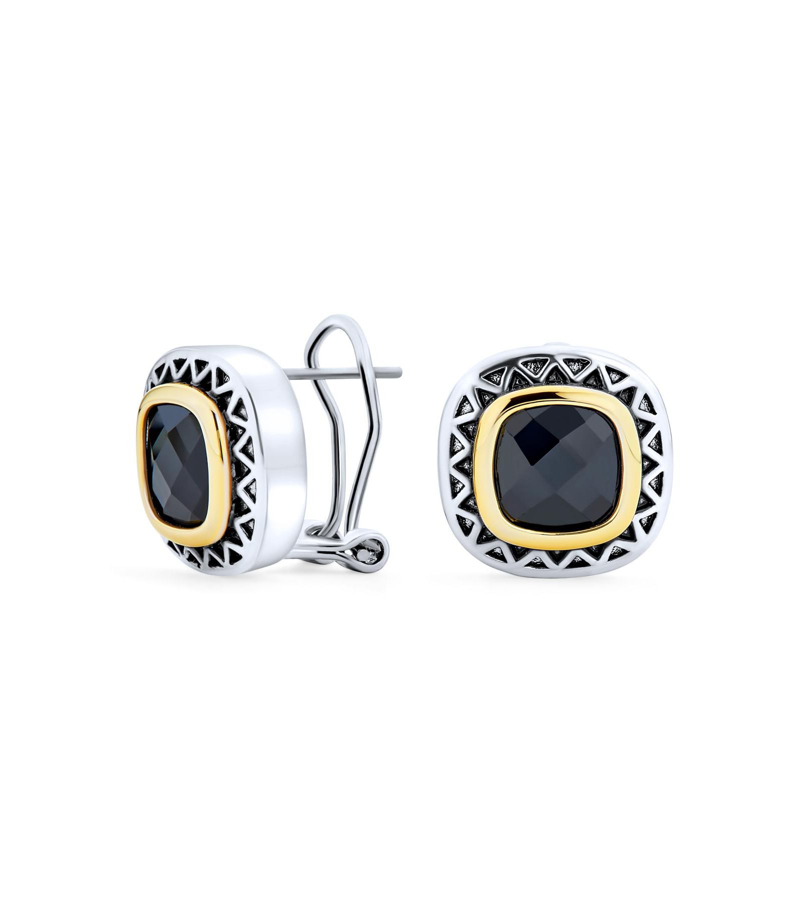 Серьги Bling Jewelry Timeless Black Onyx Cubic Zirconia Two Tone Square Cushion Omega Silver Gold Plated