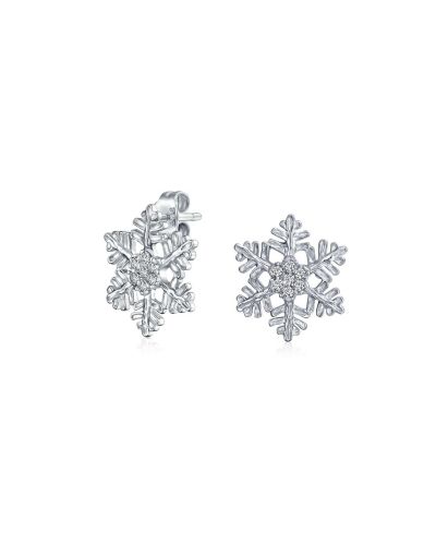 Bling Jewelry Holiday Ice CZ Accent Snowflake Stud Earrings .925 Sterling Silver