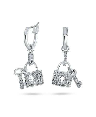 Bling Jewelry Romantic Cocktail Crystal Lock and Key Charm Dangle Earrings Silver Plated серьги