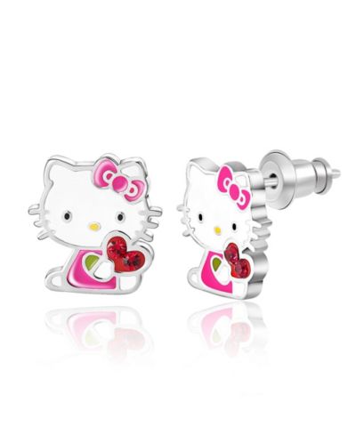 Sanrio Hello Kitty Silver Plated Crystal Enamel Hello Kitty Heart Stud Earrings, Officially Licensed Authentic