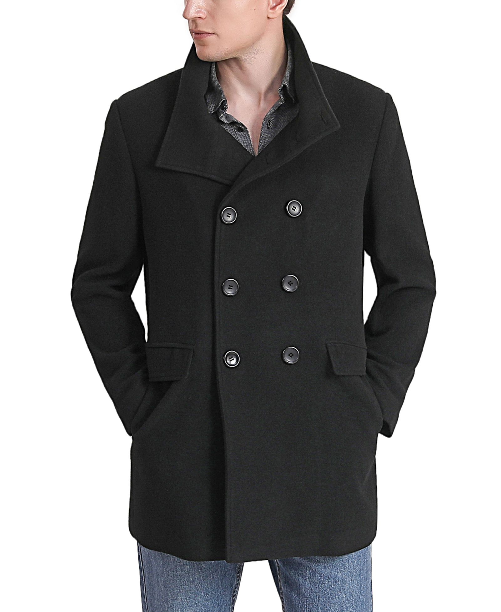 Landing Leathers Men Wing Collar City Wool Blend Pea Coat