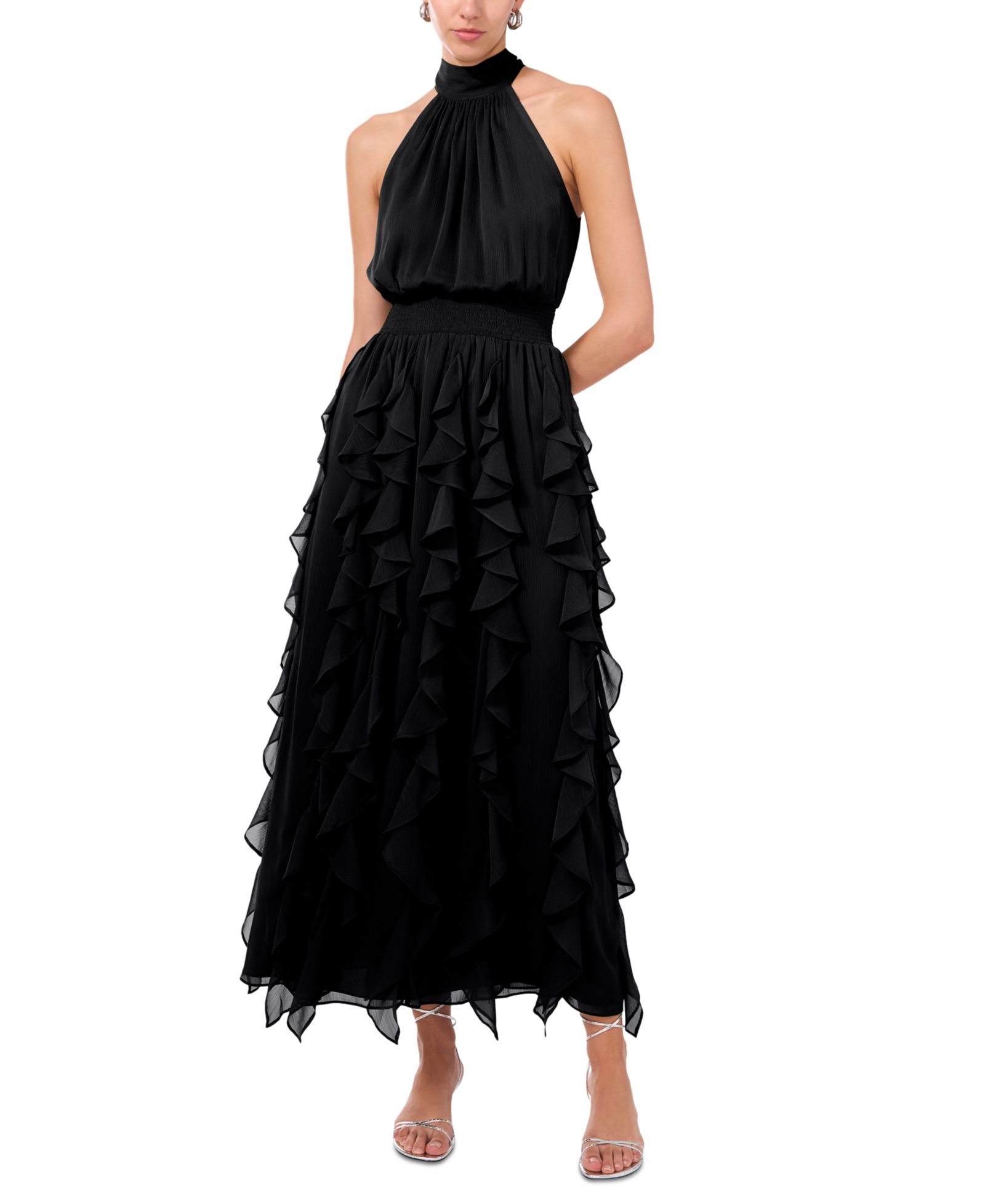 1.STATE Women's Smocked Cascade-Ruffle Halter Maxi Dress
