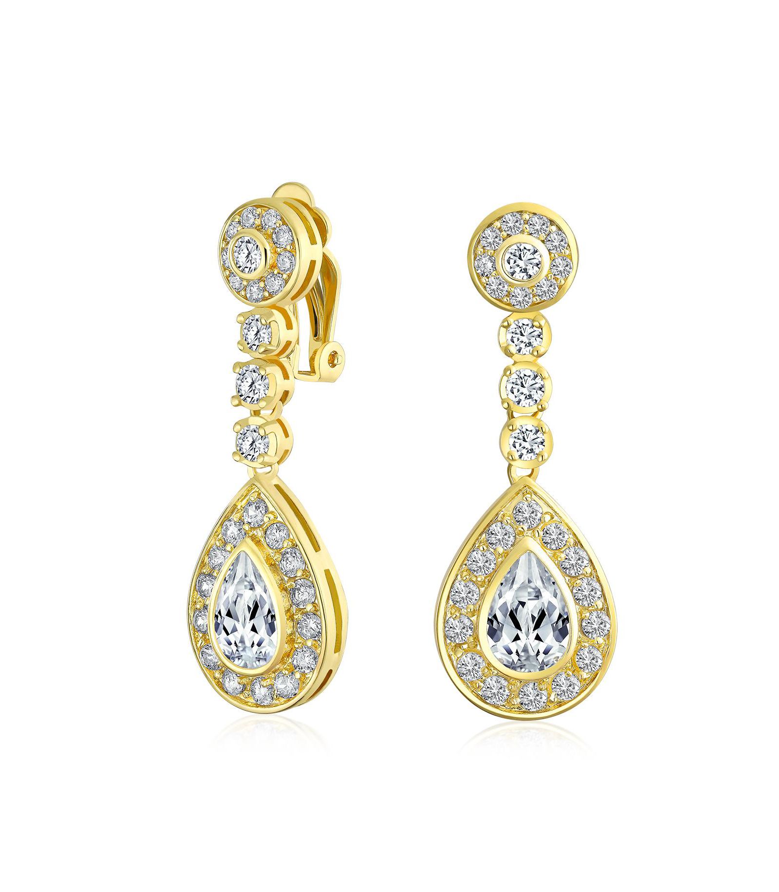 Bling Jewelry Art Deco Style CZ Statement Teardrop Chandelier Sliver Clip On Earrings