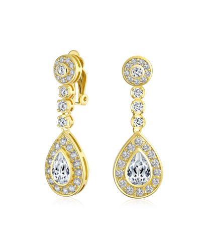 Bling Jewelry Art Deco Style CZ Statement Teardrop Chandelier Sliver Clip On Earrings