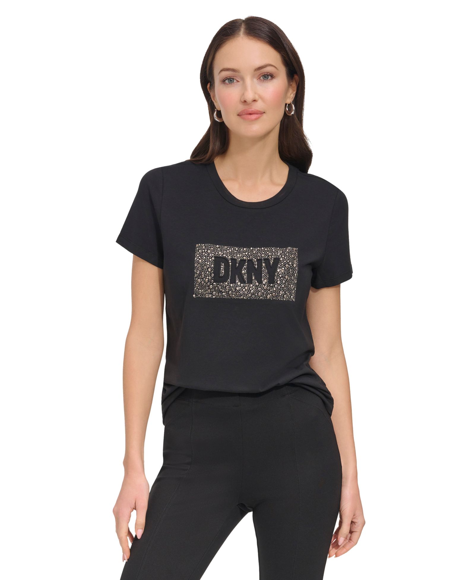 DKNY Women's Studded-Logo Crewneck Short-Sleeve Top
