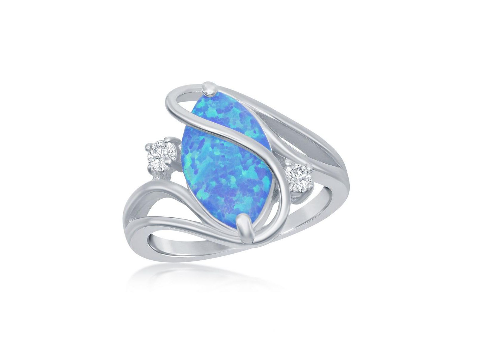 Sterling Silver Blue Inlay Opal Oval Twist With CZ Ring