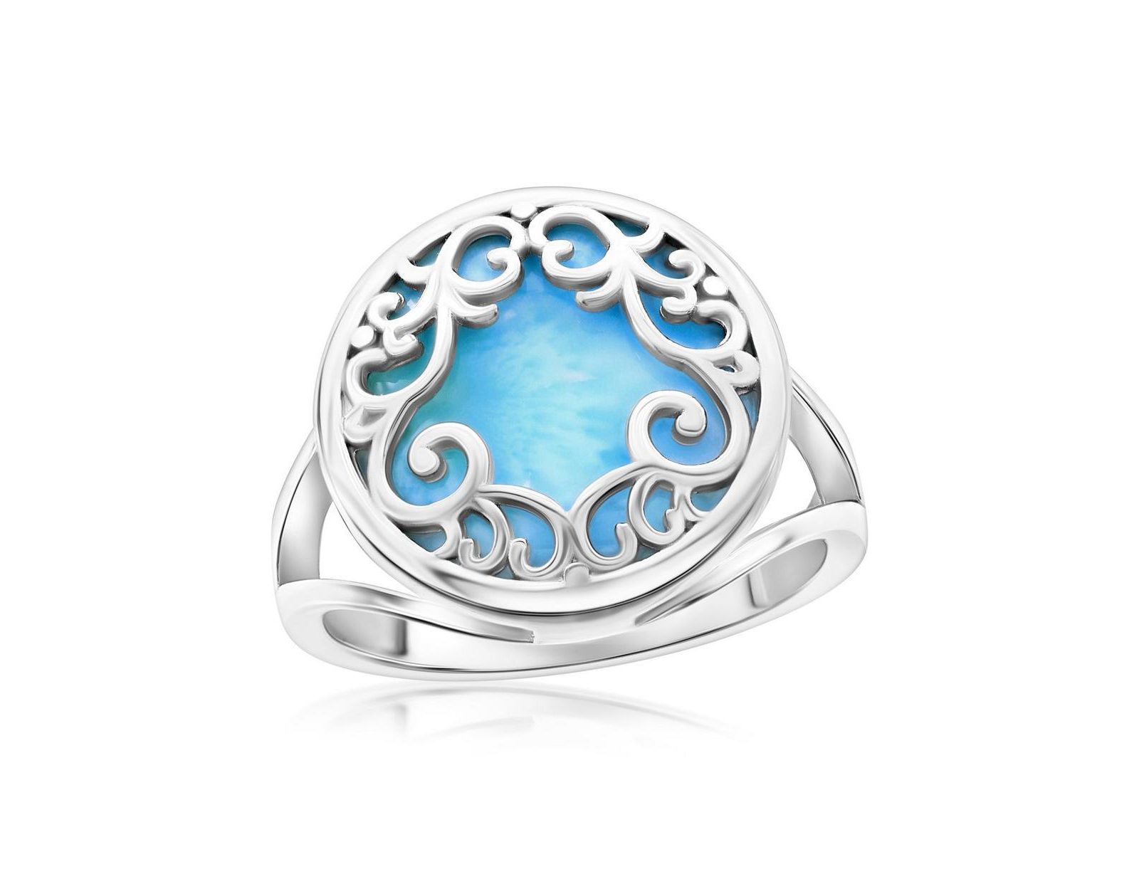 Sterling Silver Round Larimar Filigree Design Ring
