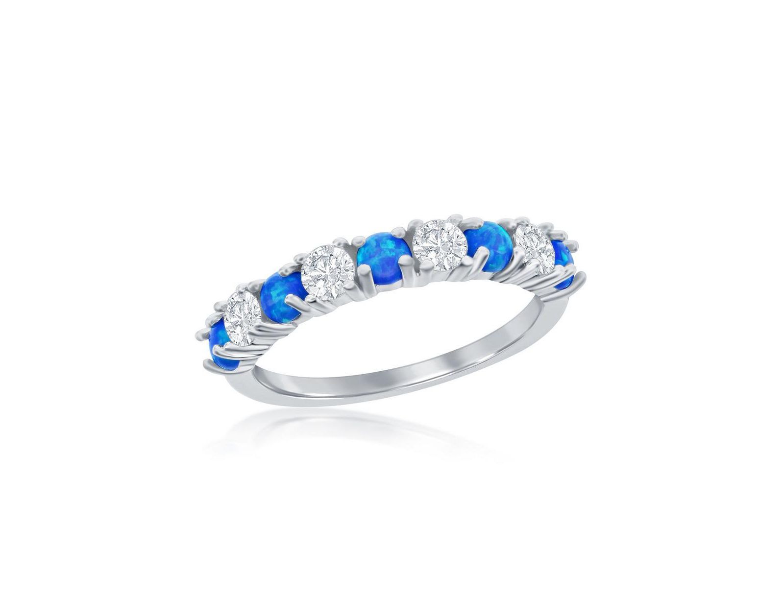 Sterling Silver White CZ & Blue Opal Band Ring
