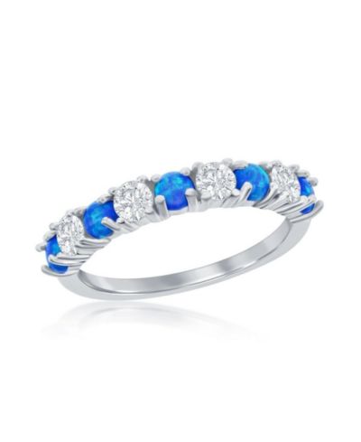 Sterling Silver White CZ & Blue Opal Band Ring