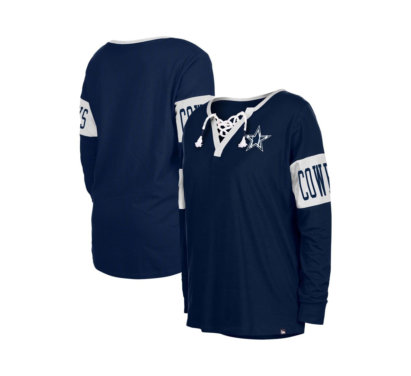 Women's New Era Navy Dallas Cowboys Lace-Up Notch Neck Long Sleeve T-shirt