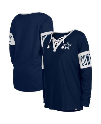 Women's New Era Navy Dallas Cowboys Lace-Up Notch Neck Long Sleeve T-shirt