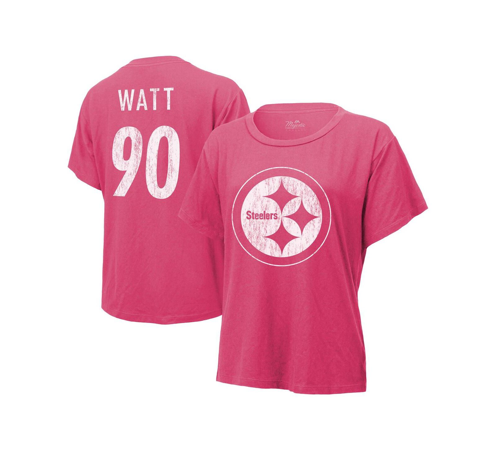 Women's Majestic Threads T.J. Watt Pink Distressed Pittsburgh Steelers Name and Number T-shirt
