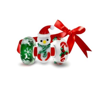 4 Murano Glass Christmas Set Reindeer Candy Cane Snowman Snowflake Charm Bead For Teen For Women .925 Sterling Silver