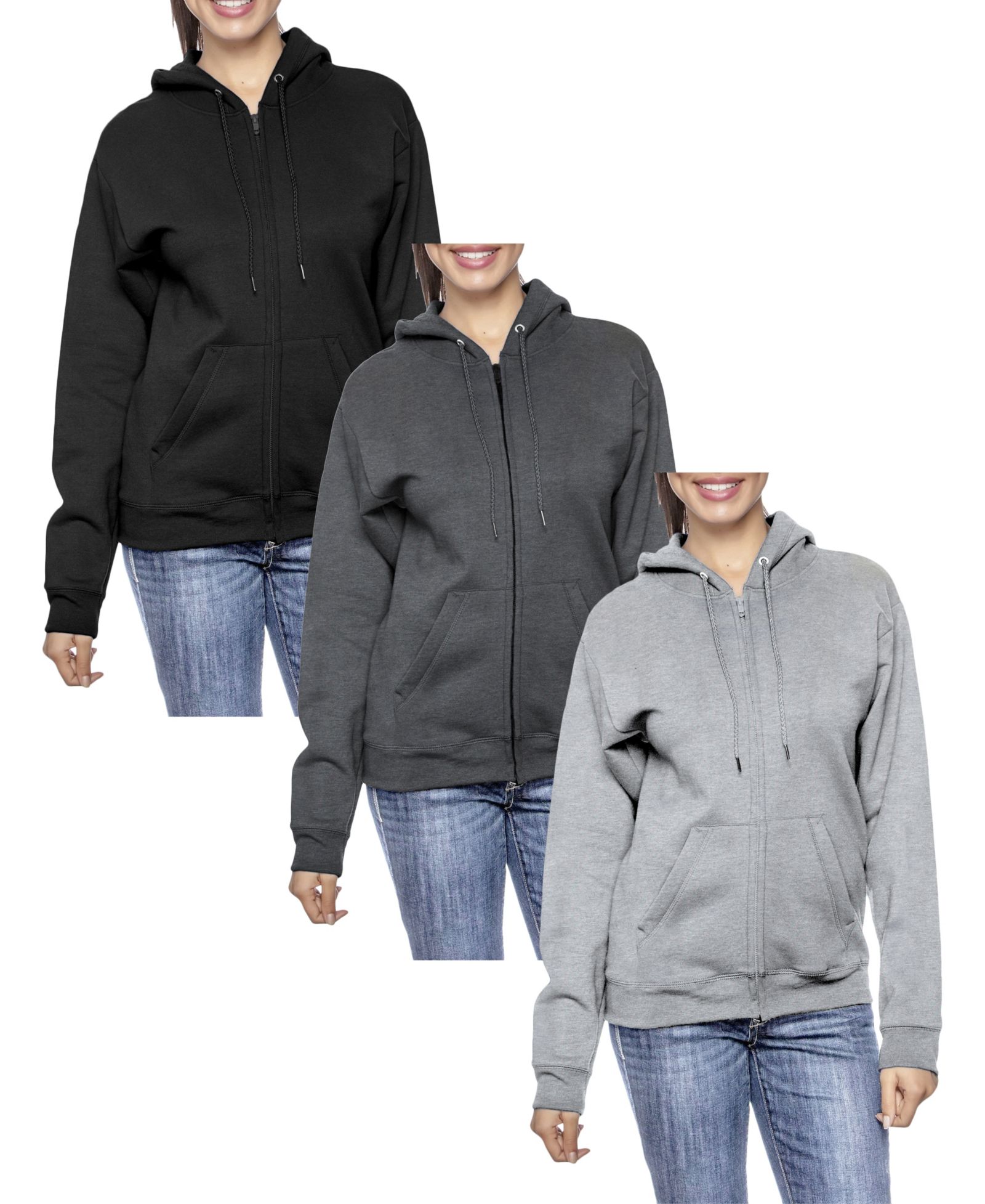 Galaxy By Harvic Women's Fleece-Lined Loose-Fit Full-Zip Sweater Hoodie Set, 3 Pack