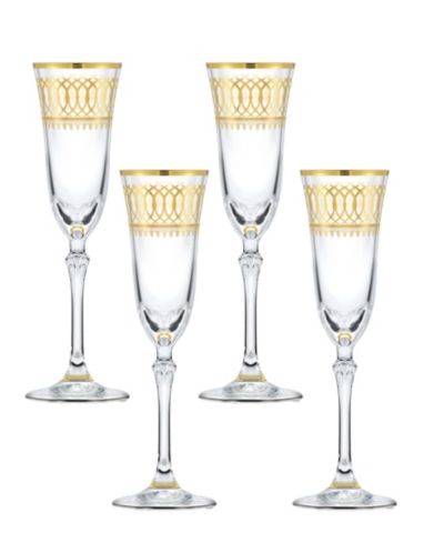 Lorren Home Trends Gold-Tone Embellished Champagne Flutes with Gold-Tone Rings, Set of 4