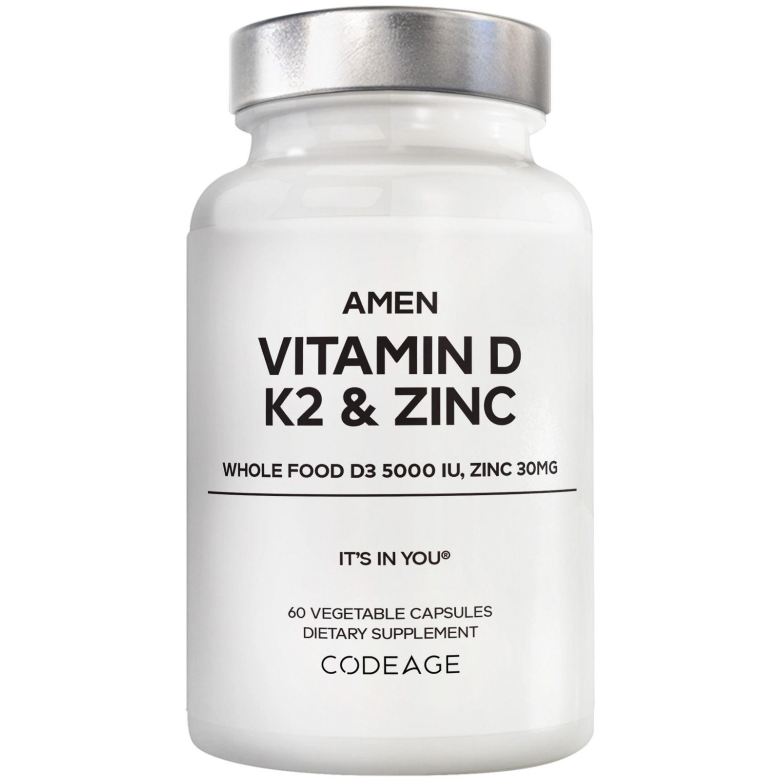 Amen Vitamin D, K2 & Zinc, Cholecalciferol D3 5000 IU, органическая смесь с яблоком, черникой, клюквой и бузиной, 60 капсул