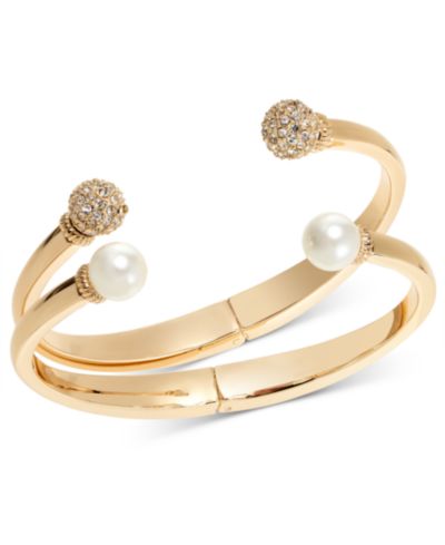 Charter Club Gold-Tone 2-Pc. Set Pavé Fireball & Imitation Pearl Cuff Bracelets, Created for Macy's