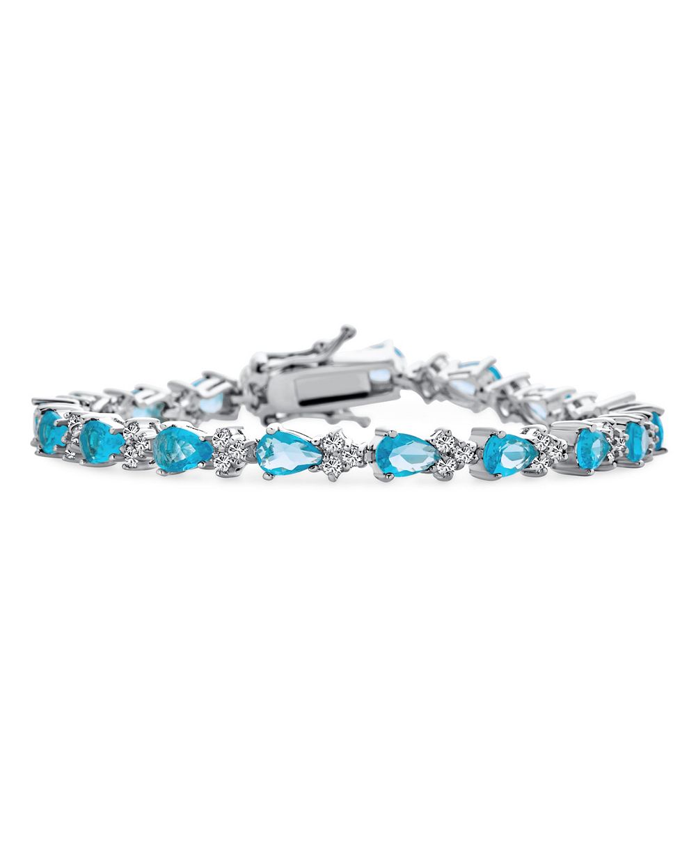 Bling Jewelry 15CTW Aqua Blue CZ Pear Shape Teardrop Tennis Bracelet Silver Plated 7"