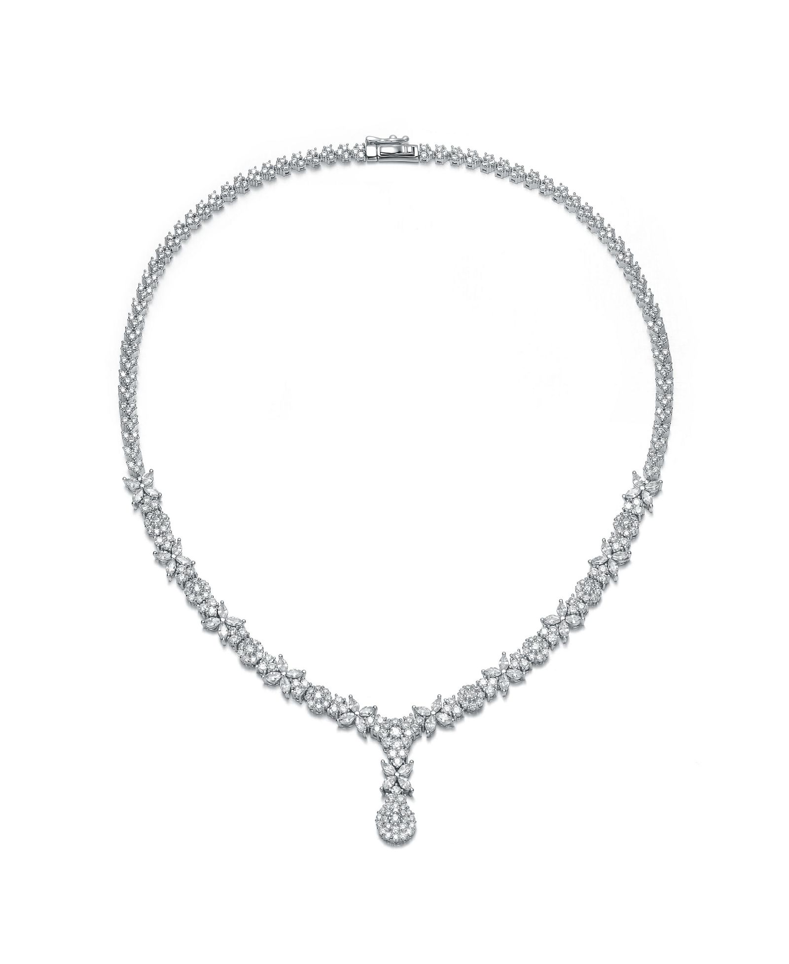 Ожерелье Genevive Elegant White Gold Plated Floral Cluster CZ Statement