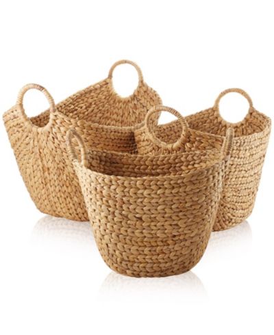 Casafield Set of 3 Water Hyacinth Boat Baskets with Handles - Natural, Woven Storage Organizers for Blankets, Laundry, Bathroom, Bedroom, Living Room