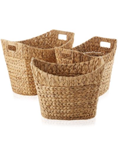 Casafield Set of 3 Water Hyacinth Oval Baskets with Handles - Natural, Woven Storage Totes for Blankets, Laundry, Bathroom, Bedroom, Living Room