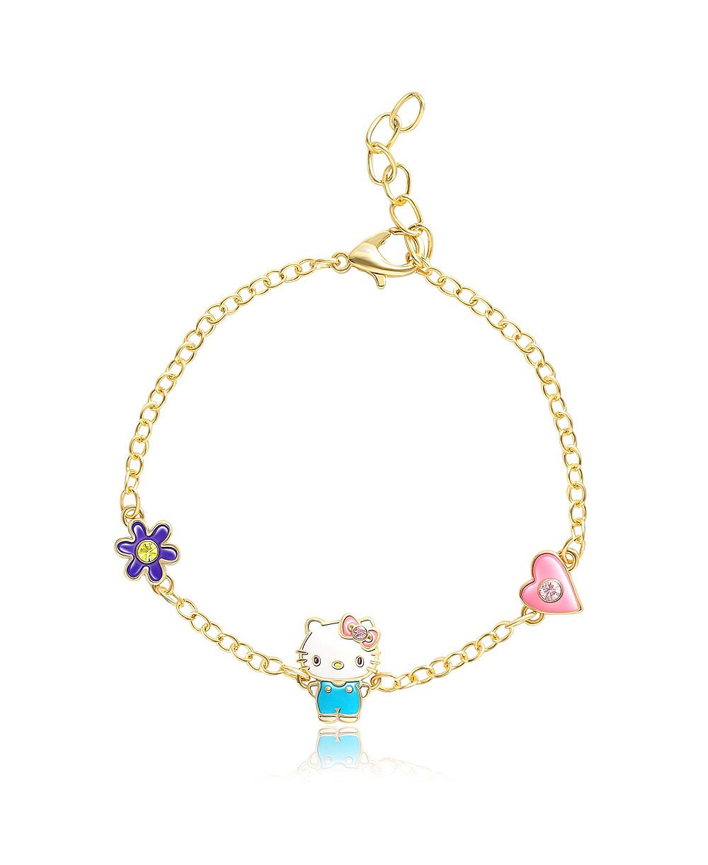 Женский браслет Hello Kitty and Friends с подвесками в виде цветка и сердца, позолота 18kt, 6.5 + 1"