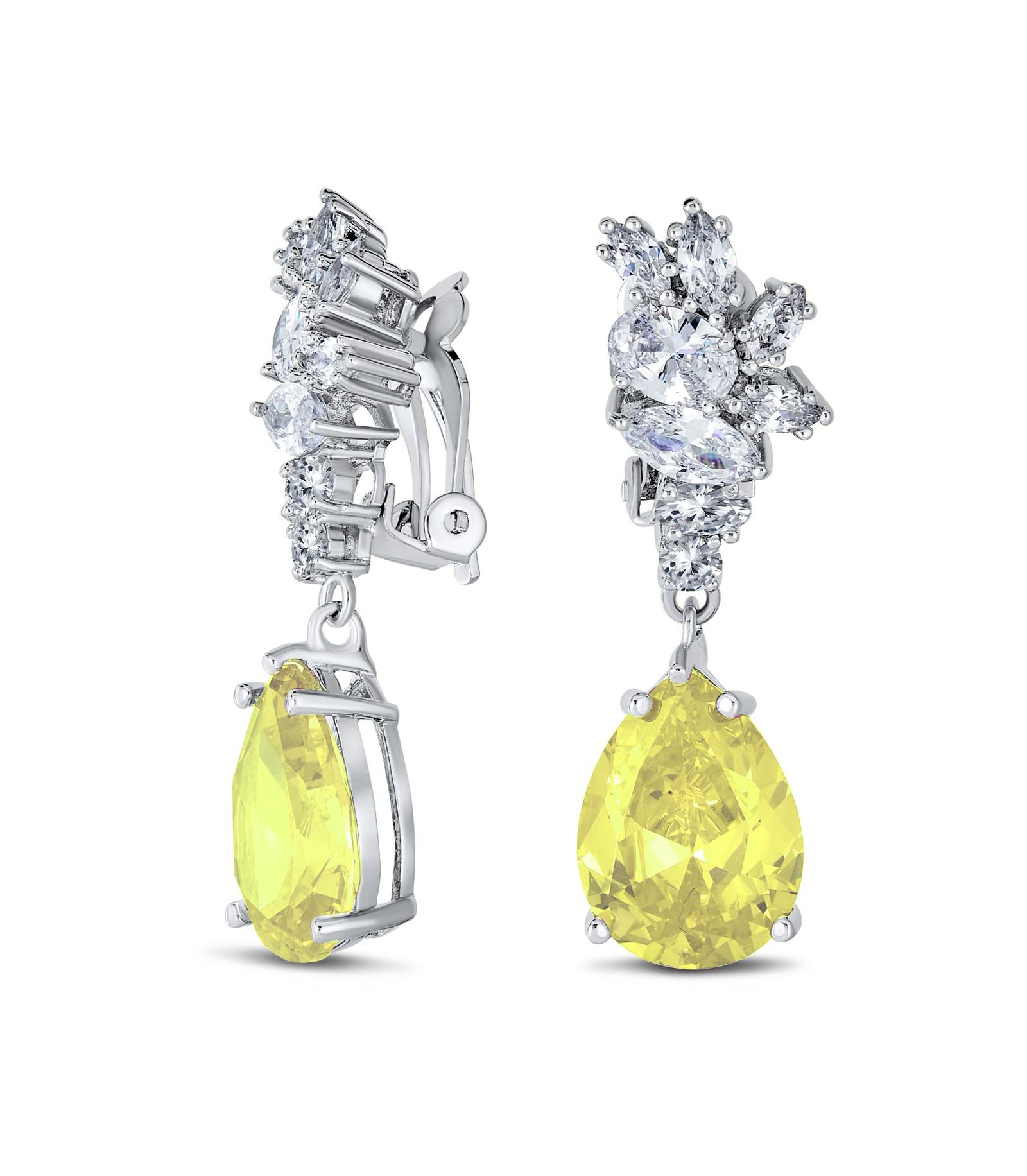 Bling Jewelry Cocktail CZ Leaf Teardrop Chandelier Clip On Earrings Silver Plated