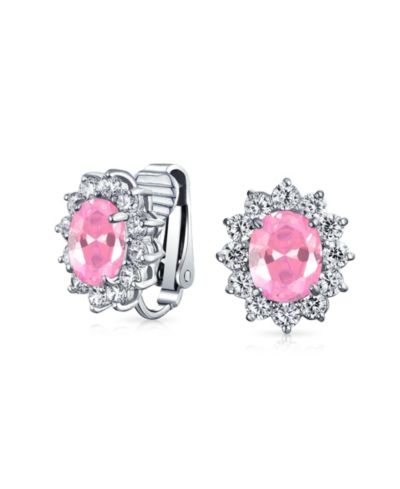 Bling Jewelry Vintage Style Cubic Zirconia Pink CZ Halo Crown Oval Stud Clip On Earrings