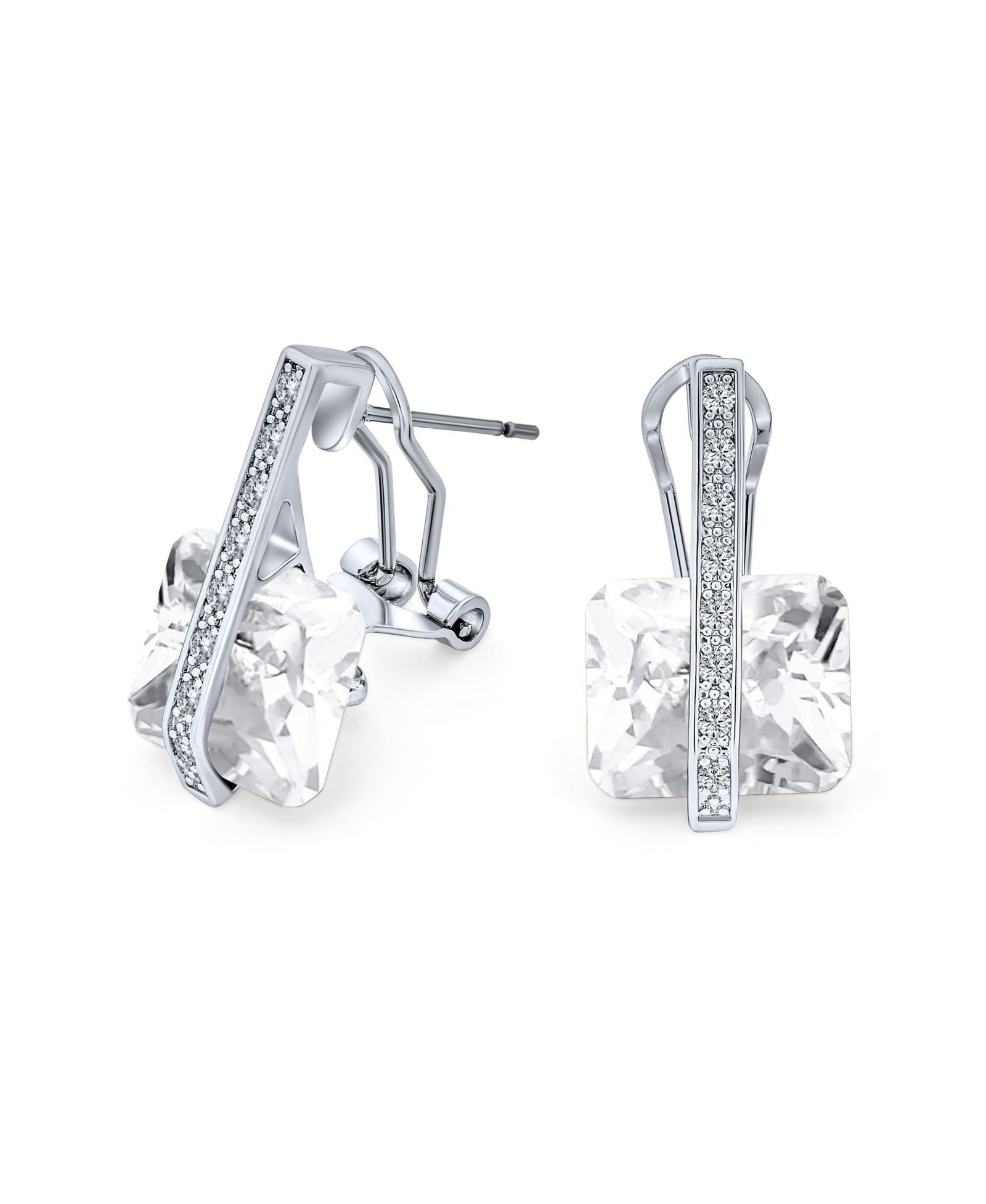 Bling Jewelry Art Deco Style CZ Rectangle Emerald Cut Drop Earrings Silver Plated