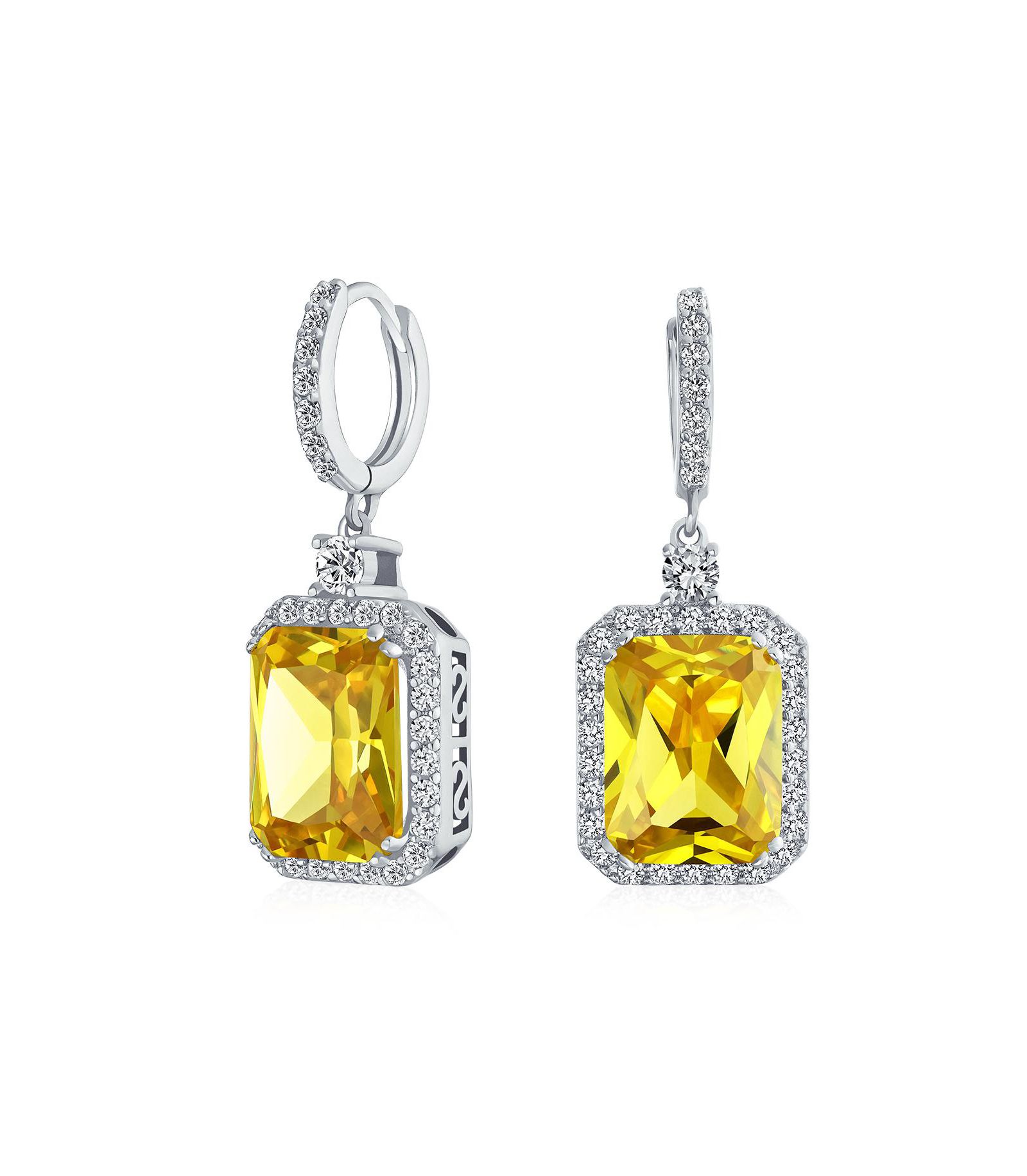 Серьги Bling Jewelry Timeless Cocktail 10Ct Canary Yellow Emerald Cut CZ Halo Dangle Statement Cubic Zirconia