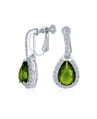 Bling Jewelry 7CT Halo Dark Green CZ Teardrop Clip On Earrings Adjustable Screw-back