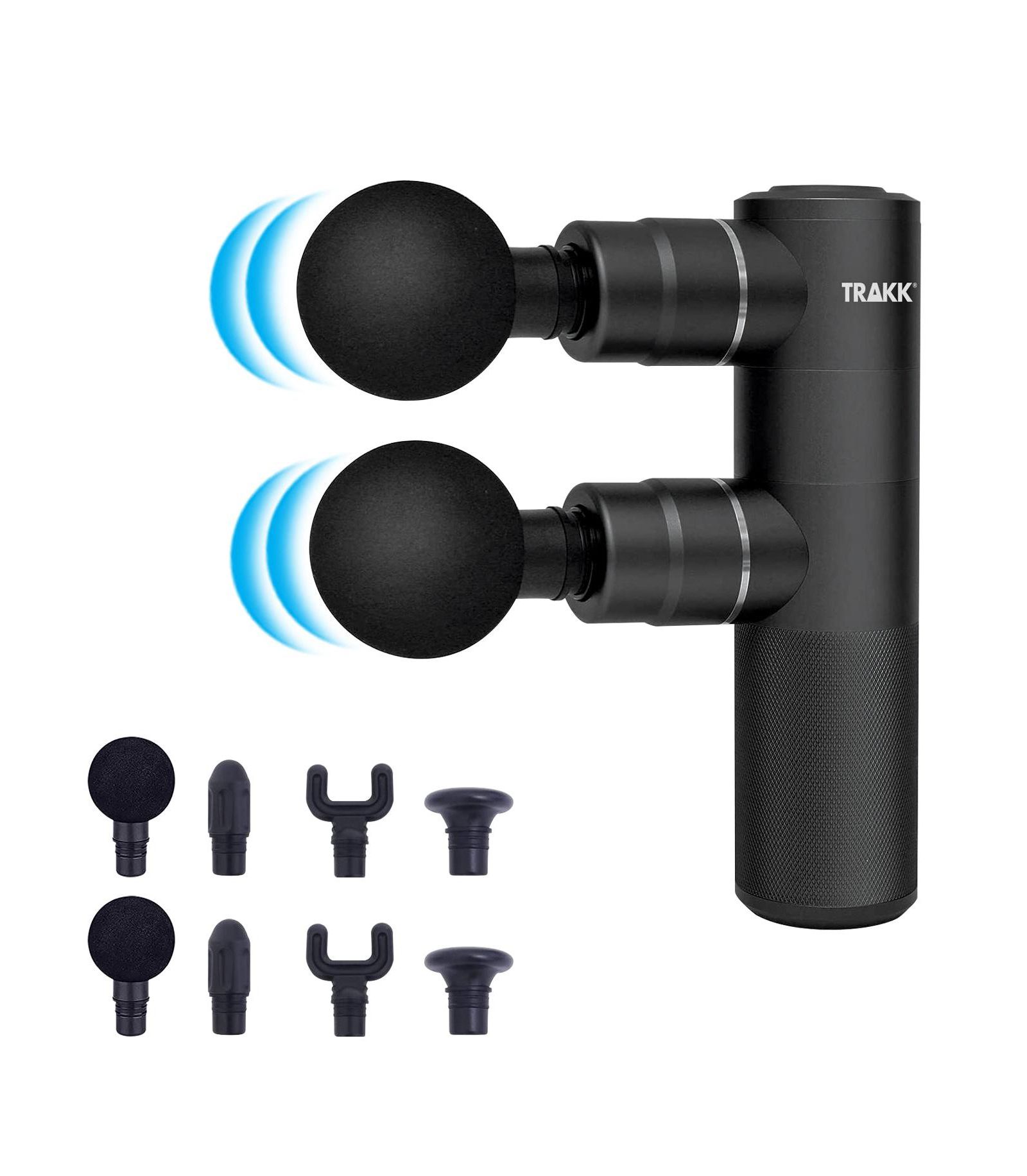 TRAKK Duo Double Head Percussion Massage Gun  Whisper Quiet - Deep Tissue Pain Relief with 8 Massage Heads High RPM vibrational Relaxation - Rechargeable Battery